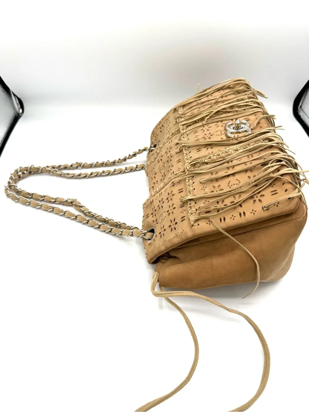 Chanel Tan Brown Suede Fringe Floral CC Flap Bag